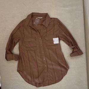 E‎ & M Brown Striped Collared Long Sleeve Button-Up Shirt Women's Size S